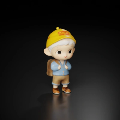 Small cartoon child figure, backpack, hat, cute expression. Yellow hat, white hair, denim book bag, brown shoes, brown shorts