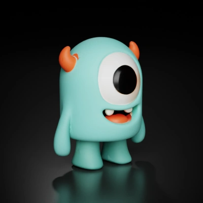 One-eyed cartoon monster with horns, smiling, playful expression.