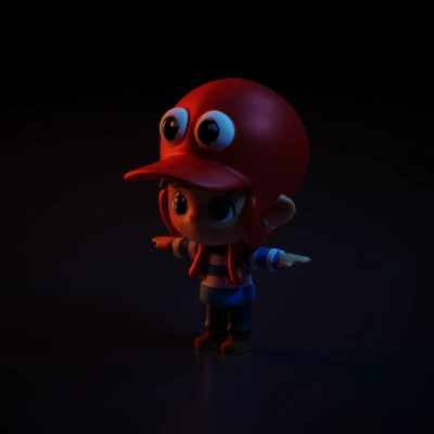 Cartoon child in crab-shaped hat, large eyes toy figure.