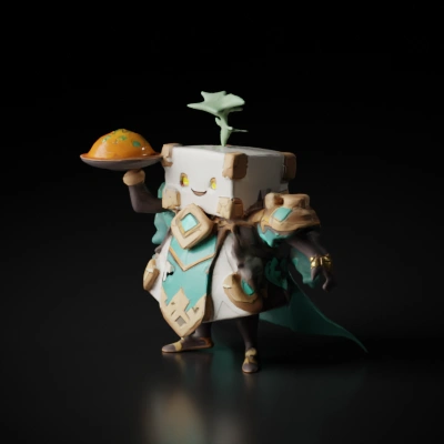 Fantasy character with a plant and serving dish.