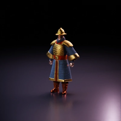 A Southern Song Dynasty military officer with stern expression, wearing lamellar and mountain pattern armor, a helmet with visor and cheekguards, a silk robe with wide sleeves, and a belt with a fish bag indicating rank.