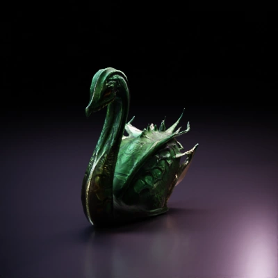 Fierce dragon with scales and long neck.