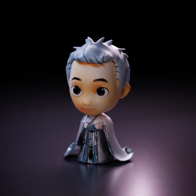 Anime-style cartoon character, large eyes, traditional clothing.