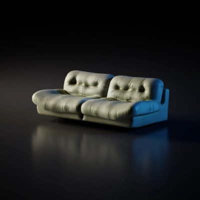 Comfortable plush sofa, two sections, tufted cushions.