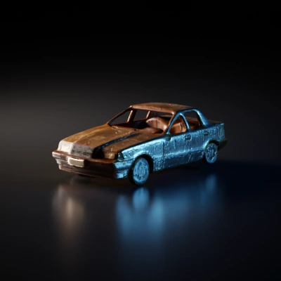 Rusty old four-door sedan, realistic model, weathered appearance.