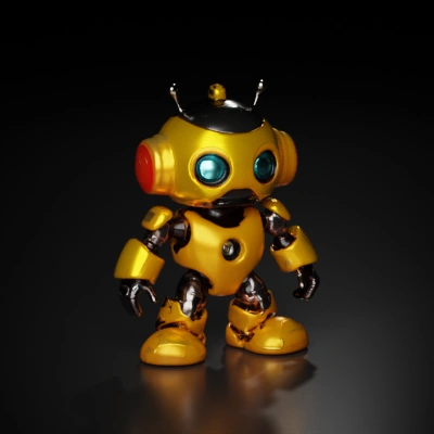 Small humanoid robot with glowing eyes, friendly design.