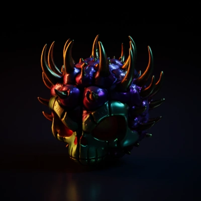 Spiky demon skull with glowing eyes, sinister expression.