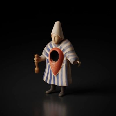 Human-like figure, dressed in striped costume, holding object.