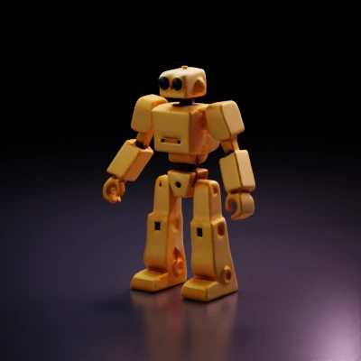 Boxy humanoid robot with jointed limbs the color red.