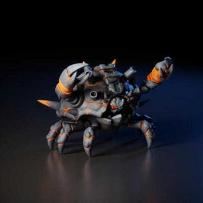 Crab-like rock-steel monster with glowing cracks.