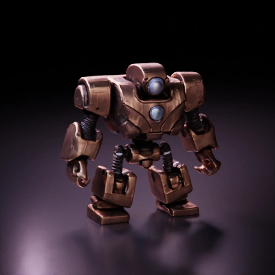 Battle-ready mech with bulky arms, robotic appearance, springs
