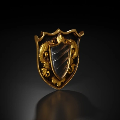 Ornate shield with intricate leaf designs, heraldic style.