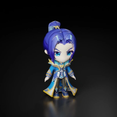 Chibi-style character in ornate outfit; symmetric geometry,smooth edges,character.