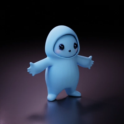 Playful cartoon character with arms extended, smiling.