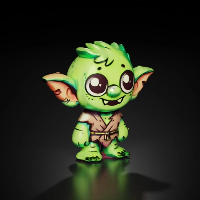 Fantasy goblin character with large eyes and pointy ears.