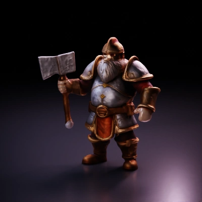 Dwarf warrior in battle armor, holding large hammer high detail.