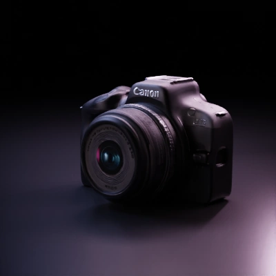 Digital camera, Canon EOS, with attached zoom lens.