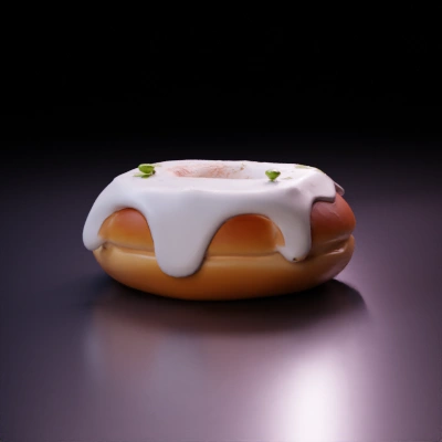Donut with cream topping and herb garnish.