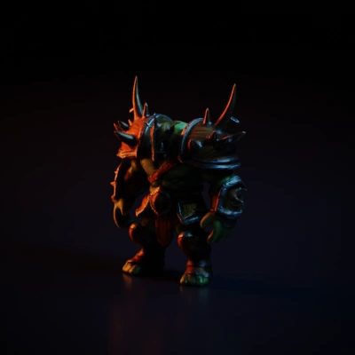 Orc warrior in spiked armor, muscular build, fantasy setting.
