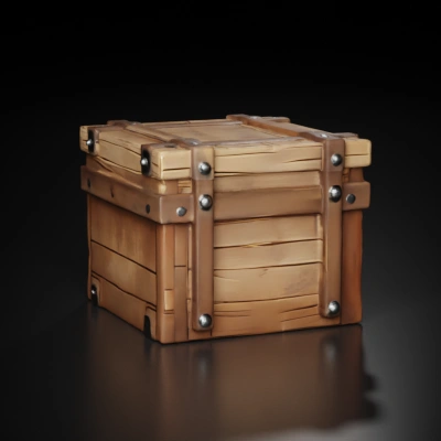 Wooden crate with reinforced metal bands.
