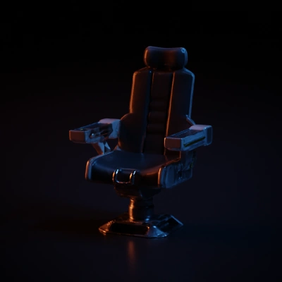 Futuristic pilot seat with arm panels and sturdy base.