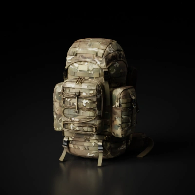 Camouflage hiking backpack with pockets and straps.