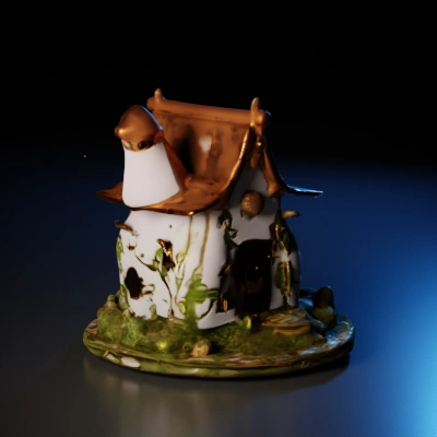 Charming fantasy cottage, whimsical architecture, intricate details.