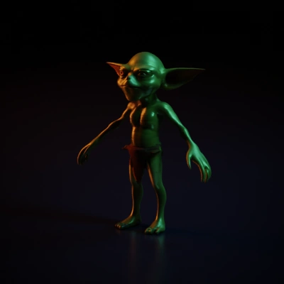 Alien creature with large ears, humanoid. Green Skin, Short Body