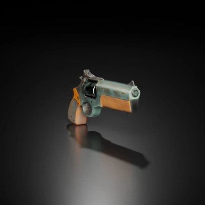 Revolver handgun, with wooden grip and metallic body.