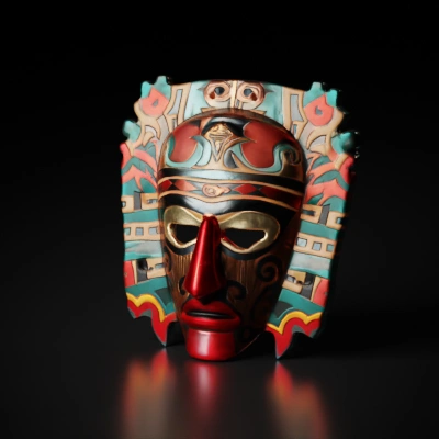 Ancient tribal mask with intricate patterns, ceremonial.