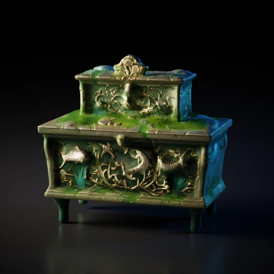 Intricate treasure chest with nature motifs.