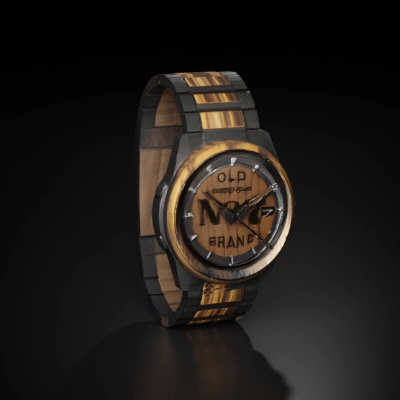 Wristwatch with wooden elements. Add original grain below "OLD"