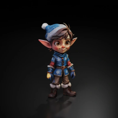 Elf in winter-themed costume.