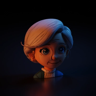 Cute grandmotherly cartoon character, smiling, large blue eyes.