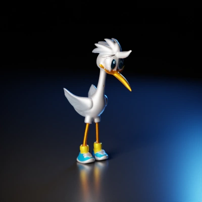 Cartoon stork with sneakers, anthropomorphic design.