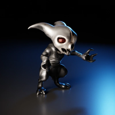Skull-faced spooky creature, menacing posture with claws.