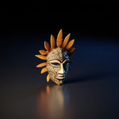 Decorative tribal mask with feather accents with engraved patterns
