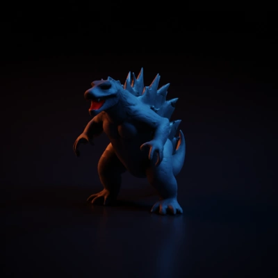 Monster resembling Godzilla with sharp teeth, spiked back.