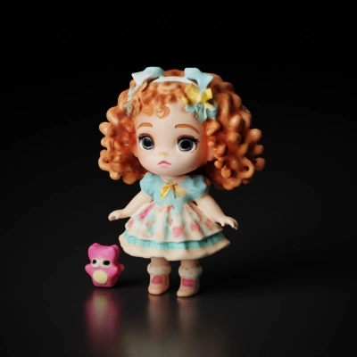 Doll with curly hair and floral dress.