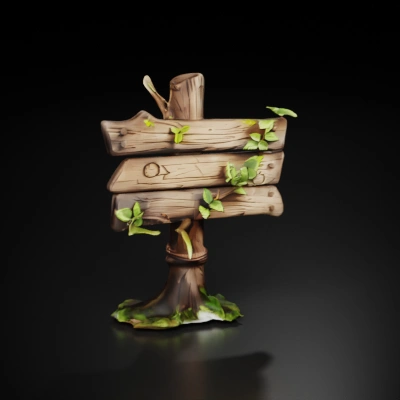 Wooden signpost with engraved symbols and vines, fantasy-inspired.