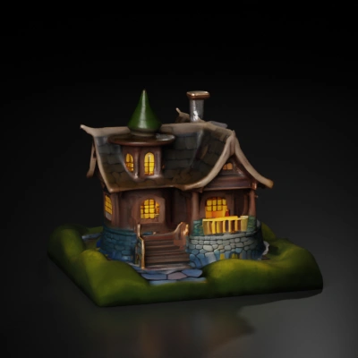 Fantasy cottage with whimsical architecture, fairy tale setting.