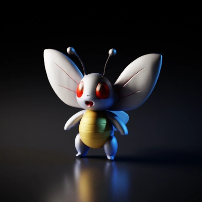 Butterfly-like cartoon creature, large red eyes, antennae.