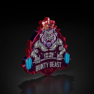 Muscular beast holding barbell, gym logo.