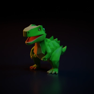 Detailed Cartoon dinosaur, big head and small body, low-poly, big eyaes, sharp model.