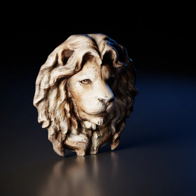 Lion head sculpture, detailed mane, realistic.