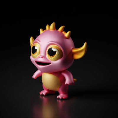 Cute pink creature with big eyes, horns.