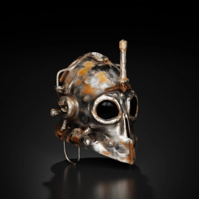 Steampunk-style gas mask helmet, detailed and worn. Made with low-reflective rusty material, shine and clean metal only at glassed frame.