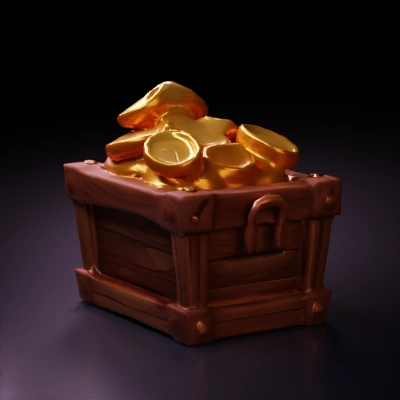 Wooden crate filled with gold coins.
