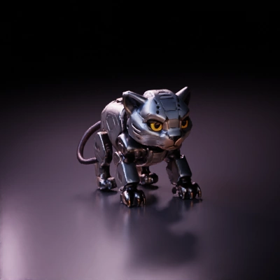 Robotic cat with intricate detailing and one tail coming out from behind it, mechanical limbs.