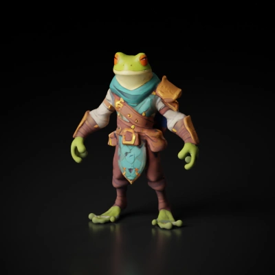 Frog humanoid adventurer with armor and gear.